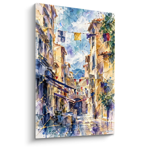 Painting Awning Ochre and Blue under Multicolored Banners - Shiny Wet Cobblestones - Edition Saint-Tropez Provence-Alpes-Côte d'Azur France