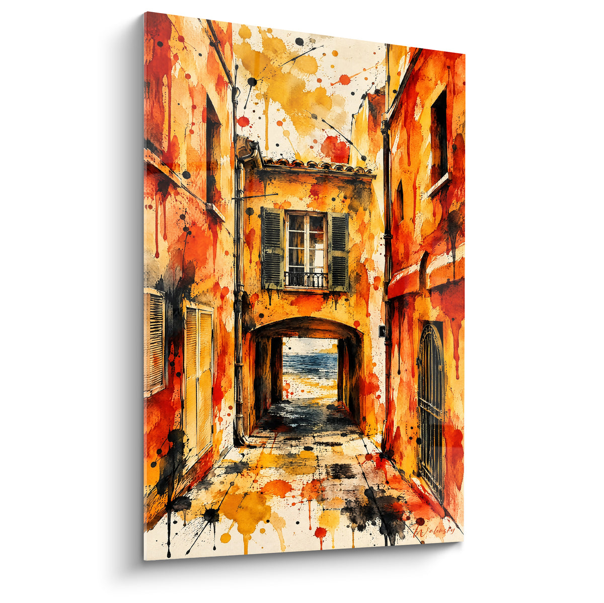 Ruelle provençale ocre et rouge aquarelle, passage voûté vers la mer bleu marine