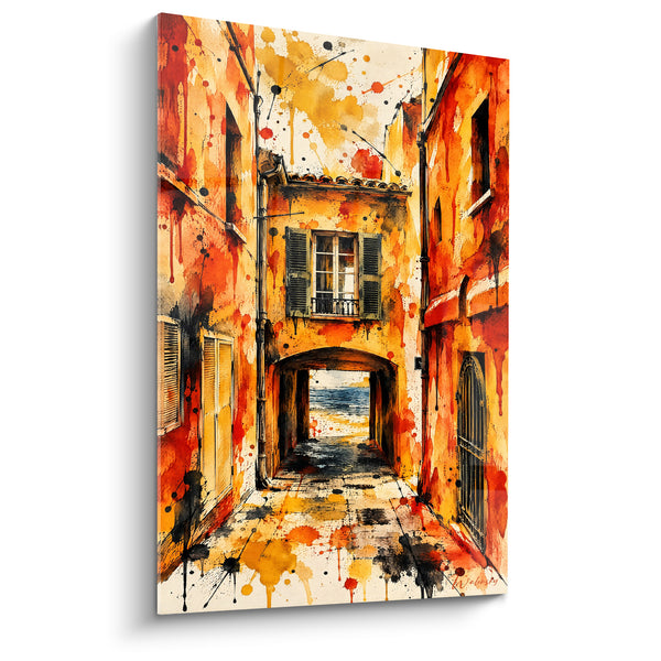 Tableau Passage voûté aux façades rouge et jaune éclaboussées - Arche vers la mer - Edition Saint-Tropez  Provence-Alpes-Côte d'Azur  France