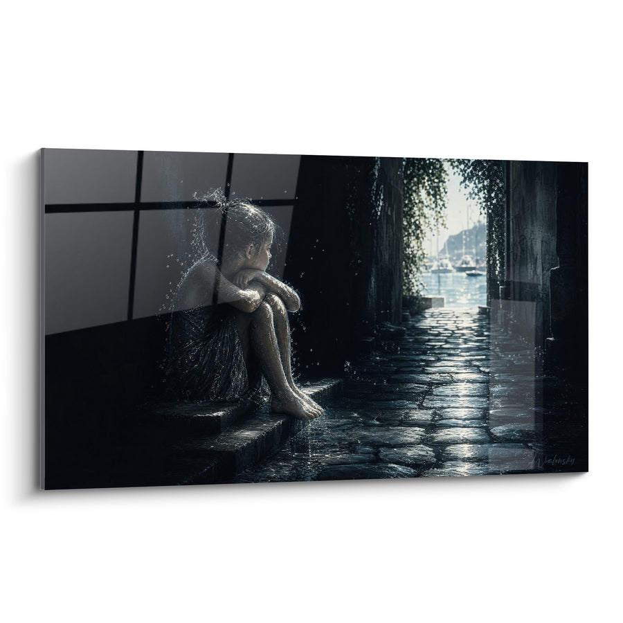 Tableau Silhouette assise ruelle pavée port - Attente au seuil - Edition Saint-Tropez