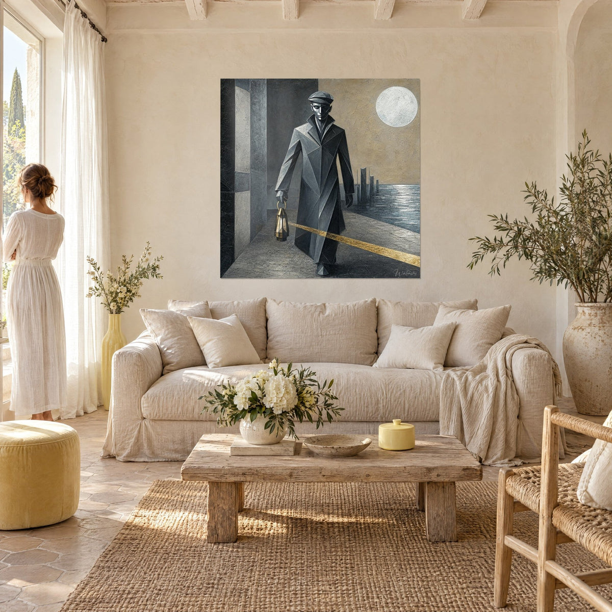 Wall art of a cubist man in a faceted grey coat holding a golden lantern, white moon over an ochre sky, above a sofa in a bright living room
