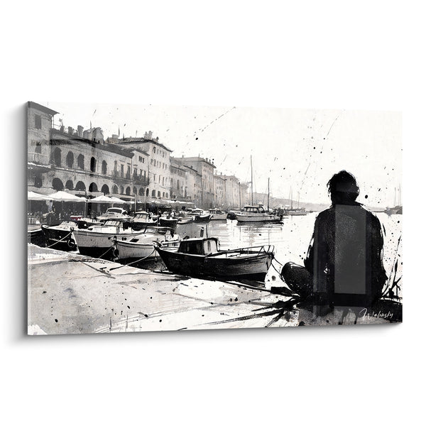 Tableau Port silhouette noire et blanche assise - Instant suspendu - Edition Saint-Tropez