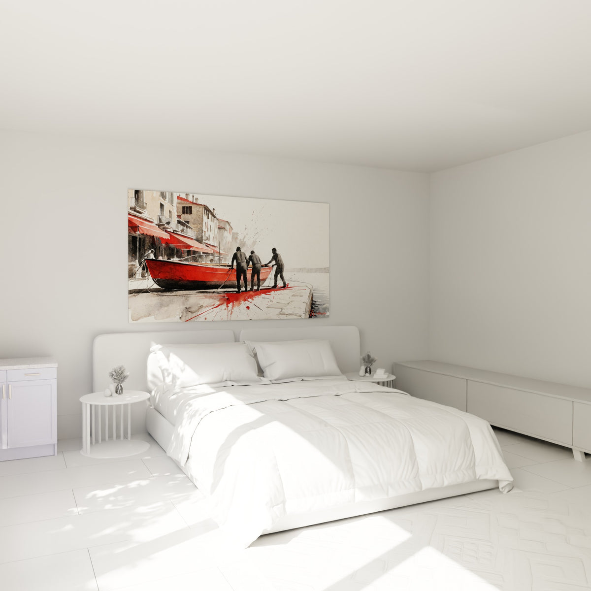 Pêcheurs anthracite et barque rouge vif de Saint-Tropez, tableau au-dessus d'un lit dans une chambre claire