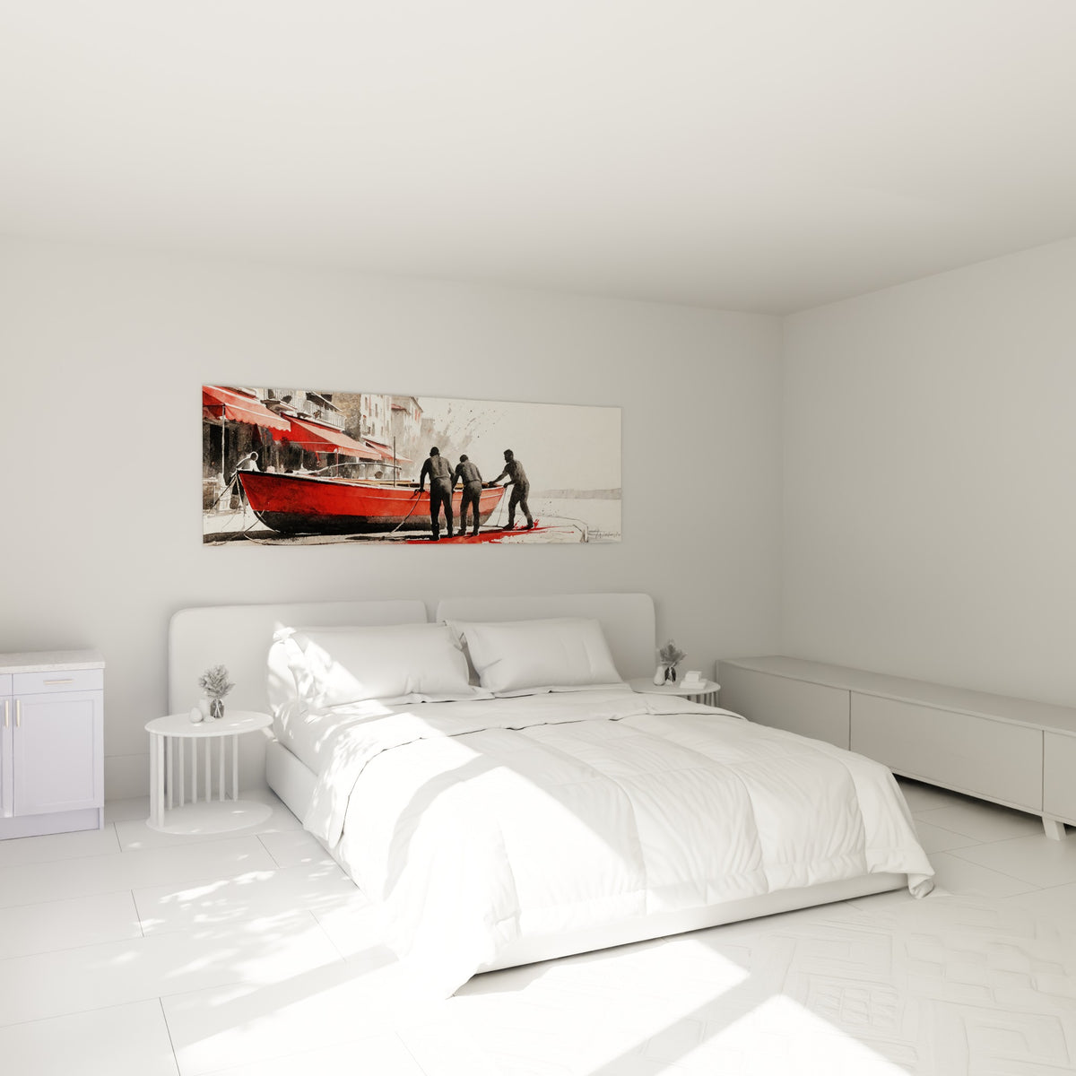 Pêcheurs silhouettés poussant une barque rouge et noire, accrochés au-dessus d'un lit dans une chambre claire