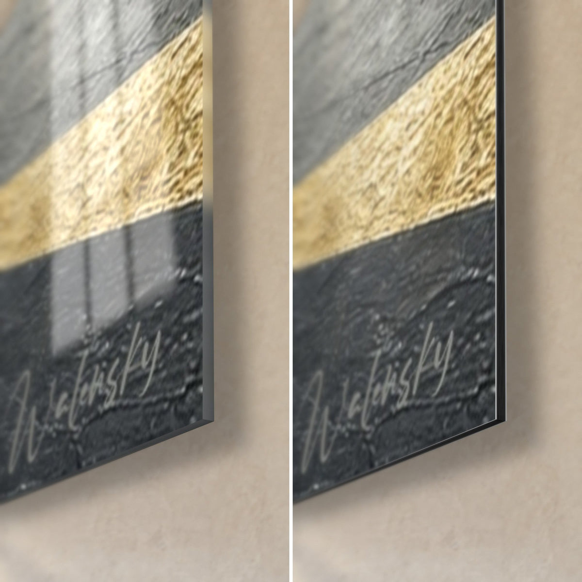 Wall art of a cubist walker, bottom right corner: gold band on anthracite paving stones, glossy acrylic glass and matte Dibond aluminium, 3 mm edge