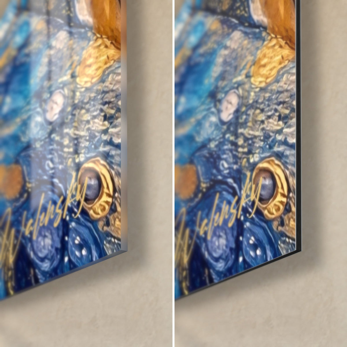 Cuadro callejón con volutas azul cobalto y oro, esquina inferior derecha: cristal acrílico brillante a la izquierda, aluminio Dibond mate a la derecha, canto de 3 mm