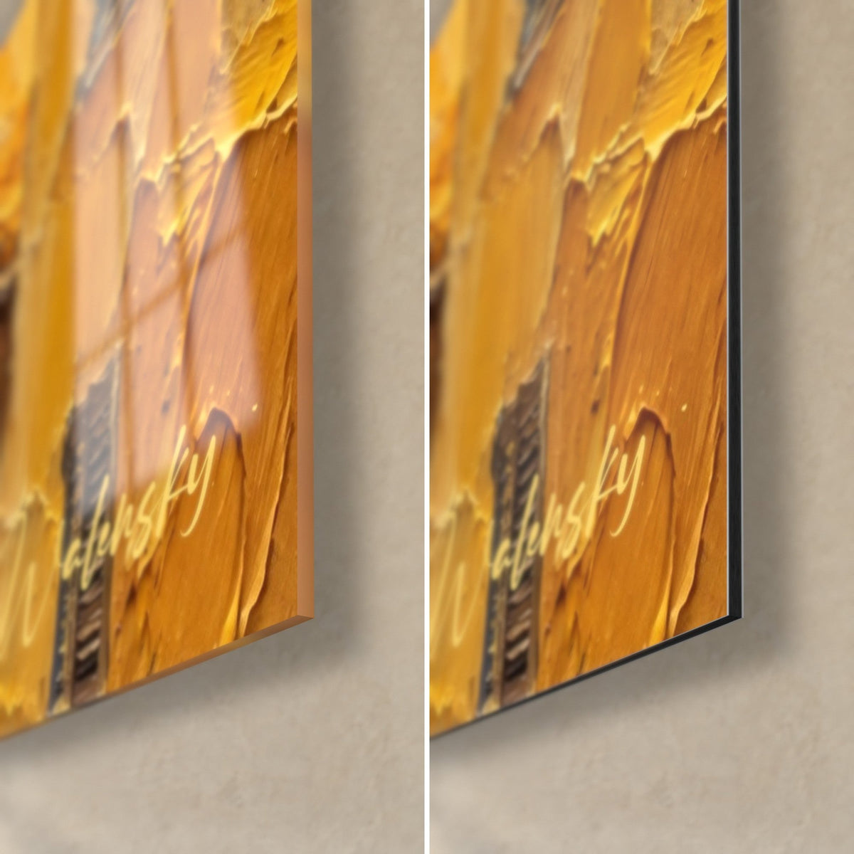 Wall art ochre bell tower in thick paint, bottom right corner: glossy acrylic glass on the left, matte black Dibond on the right