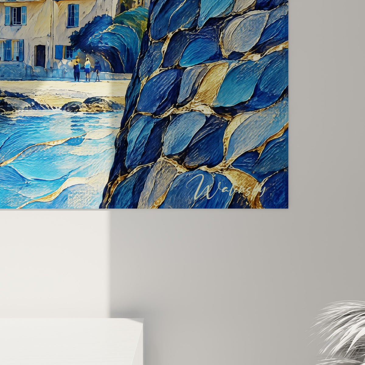 Schilderij Havendorp met kobaltblauwe en gouden golven, rechtsonder: glanzend glas links, mat Dibond rechts
