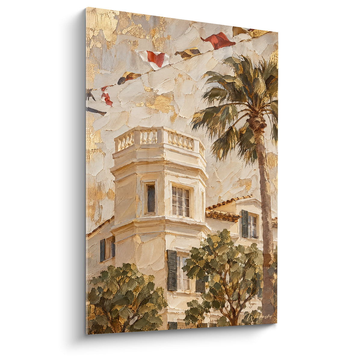 Wall art golden villa with octagonal turret and anthracite shutters, green palm and floating red pennants