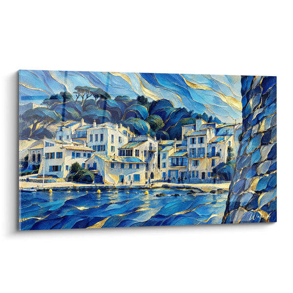 Tableau Village côtier aux façades blanches et bleues - Rêverie méditerranéenne - Edition Saint-Tropez  Provence-Alpes-Côte d'Azur  France