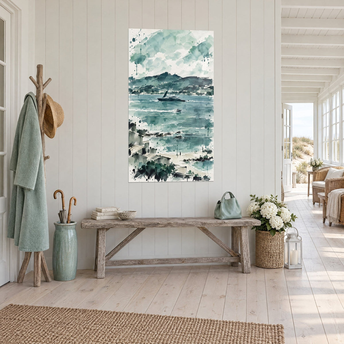 Quadro di baia nebbiosa ad acquerello, veliero nero su acque grigio-azzurre, colature verdi, corridoio di casa sul mare