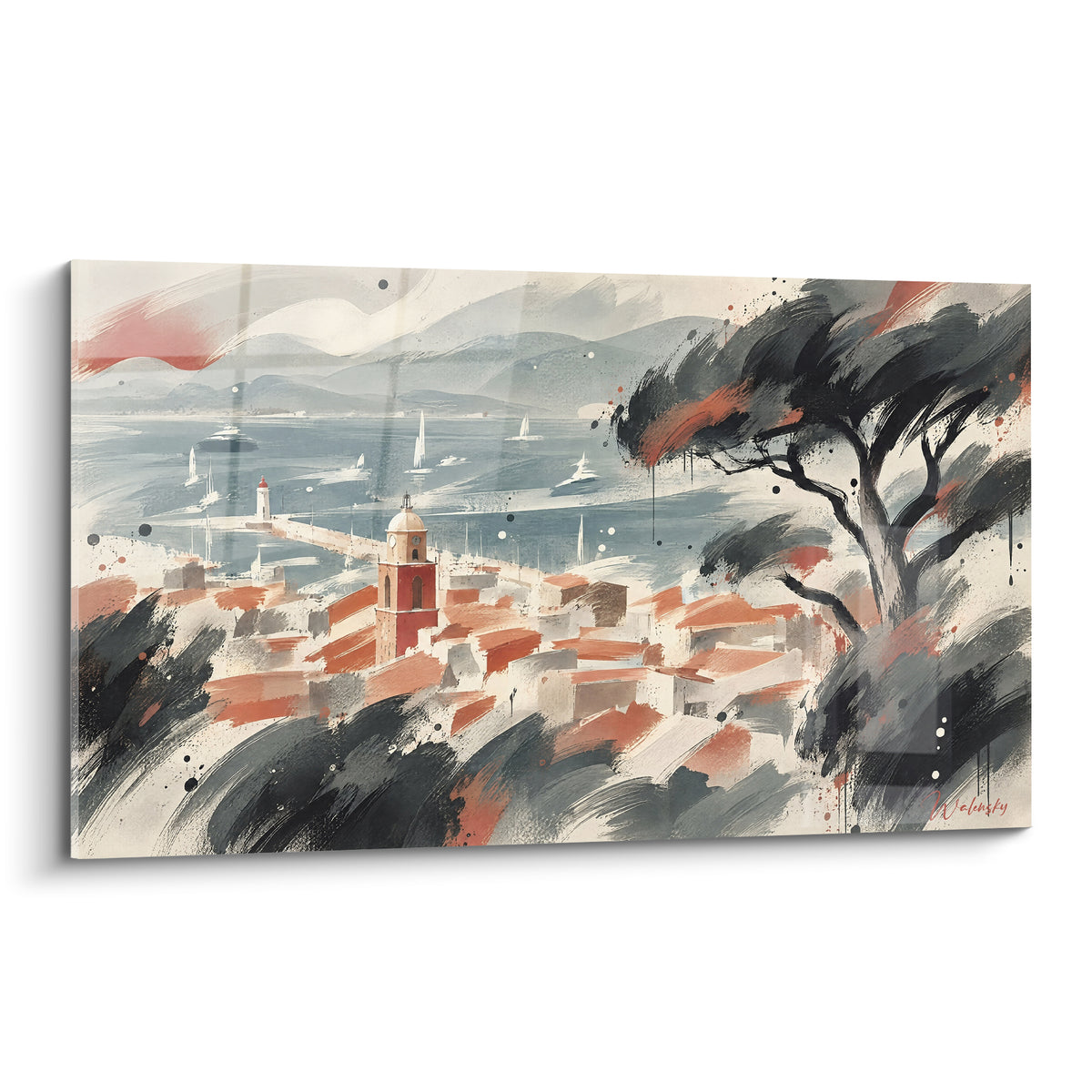 Village de Saint-Tropez aux toits terracotta, clocher ocre et baie bleu pastel en aquarelle expressive