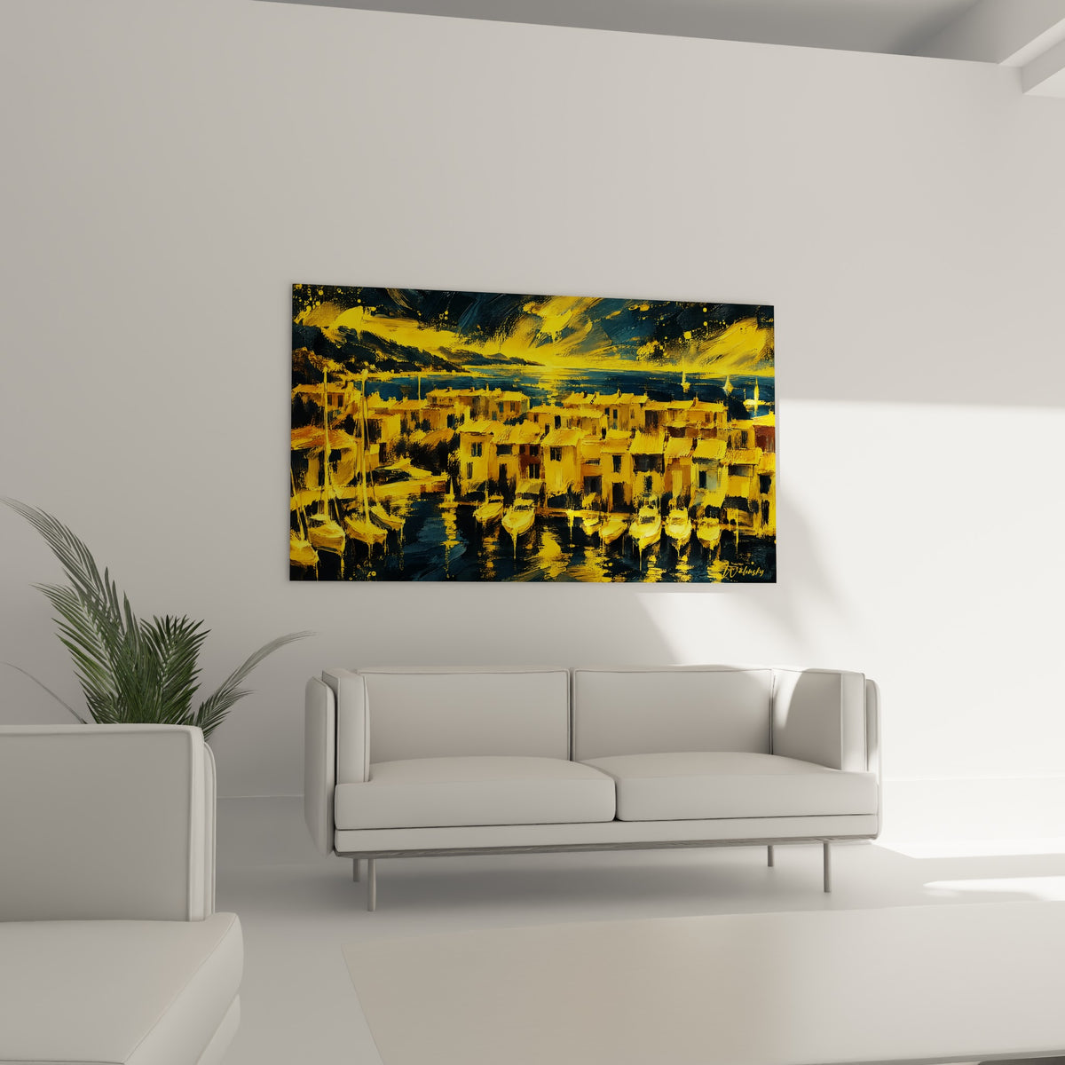 Voiliers et maisons ocre se reflétant sur une eau bleu anthracite, accroché au-dessus d'un canapé dans un salon lumineux