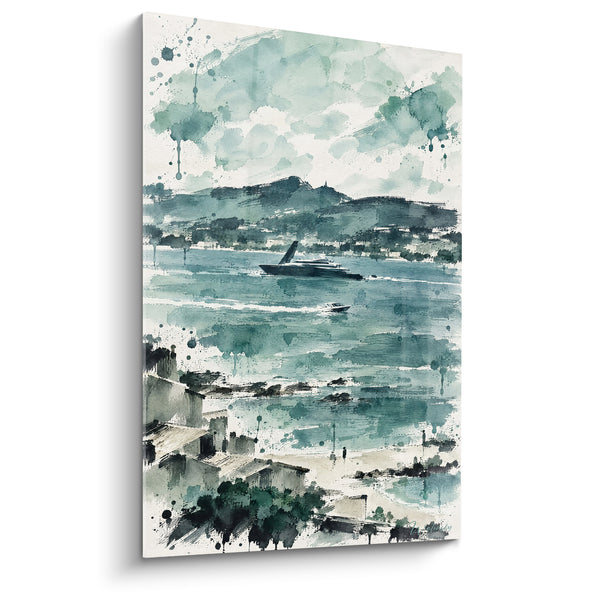 Tableau Yacht gris et bleu sur baie monochrome - Collines embrumées à l'aquarelle - Edition Saint-Tropez  Provence-Alpes-Côte d'Azur  France
