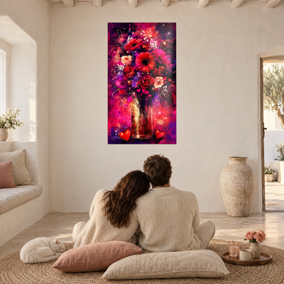 Wall art romantic red and purple bouquet, shimmering hearts, couple embracing from behind on pink cushions, calm cat, white house