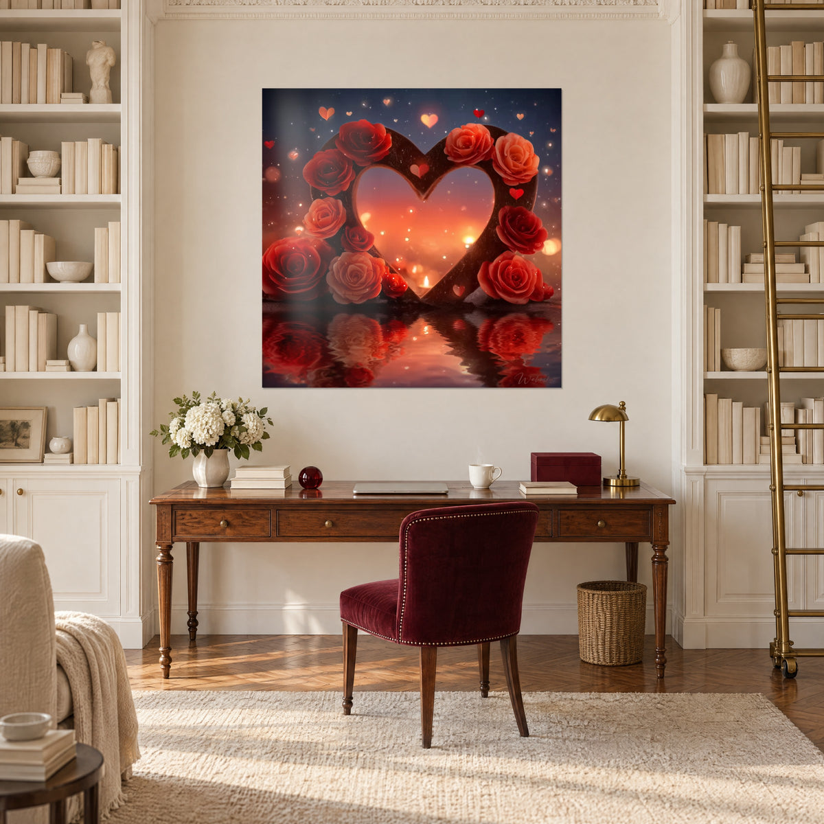 Cuadro ramo de rosas bermellón y melocotón alrededor de un corazón incandescente, cielo azul noche estrellado, escritorio de madera y estanterías blancas