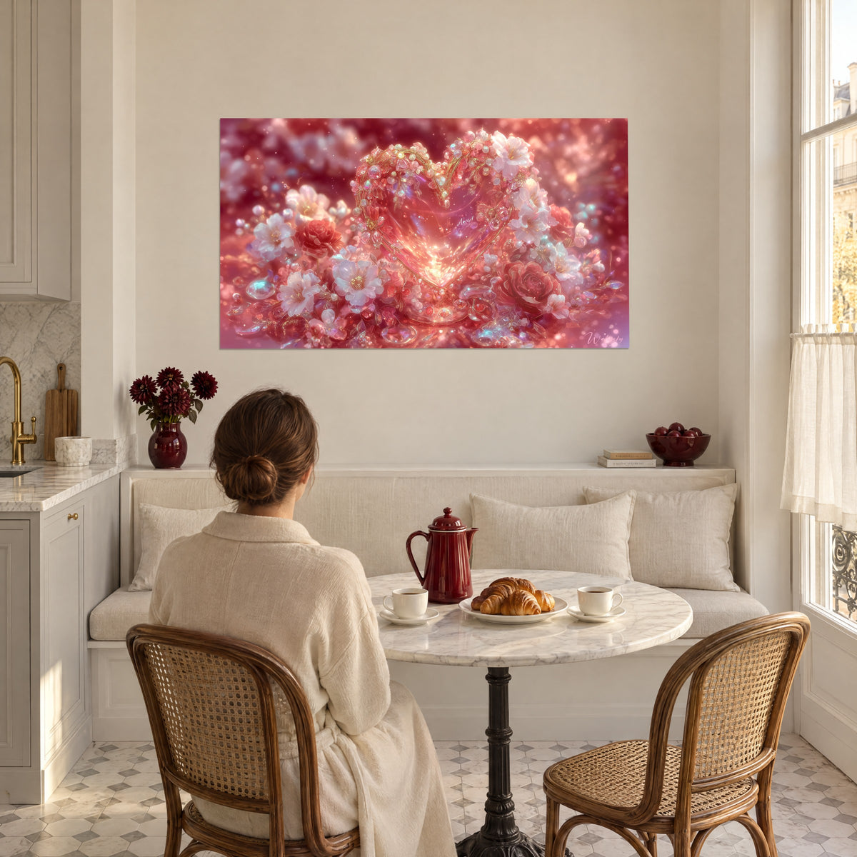 Cuadro corazón translúcido rosa luminoso, guirnalda de flores pálidas y perlas doradas, frente a una mujer sentada a una mesa ante un cruasán