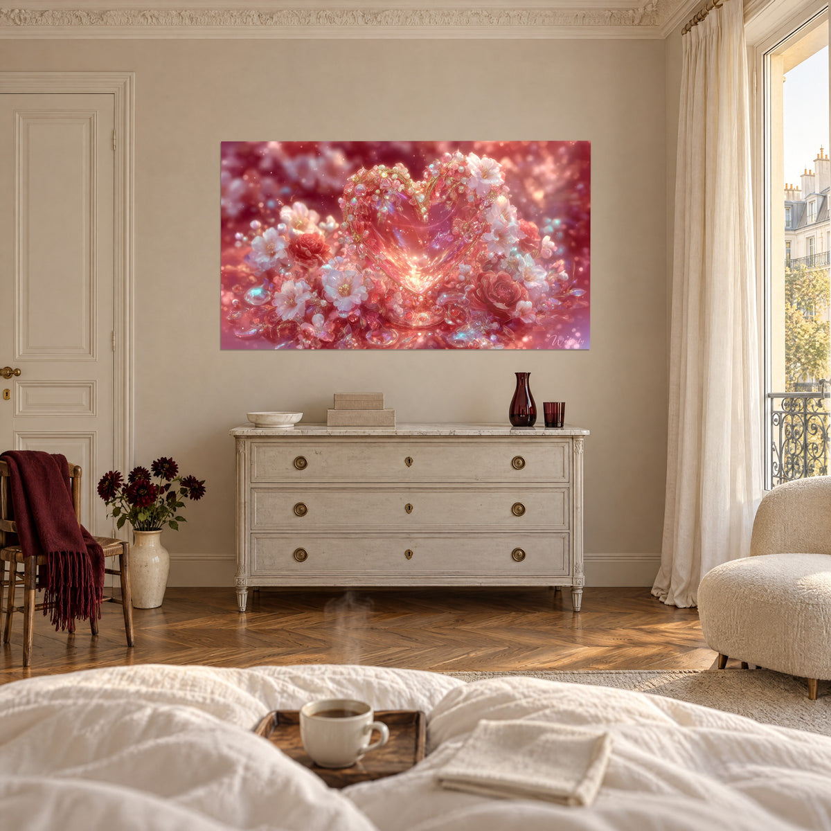 Cuadro corazón joya rodeado de rosas carmesí y flores marfil, destellos dorados, sobre una cama en un dormitorio luminoso