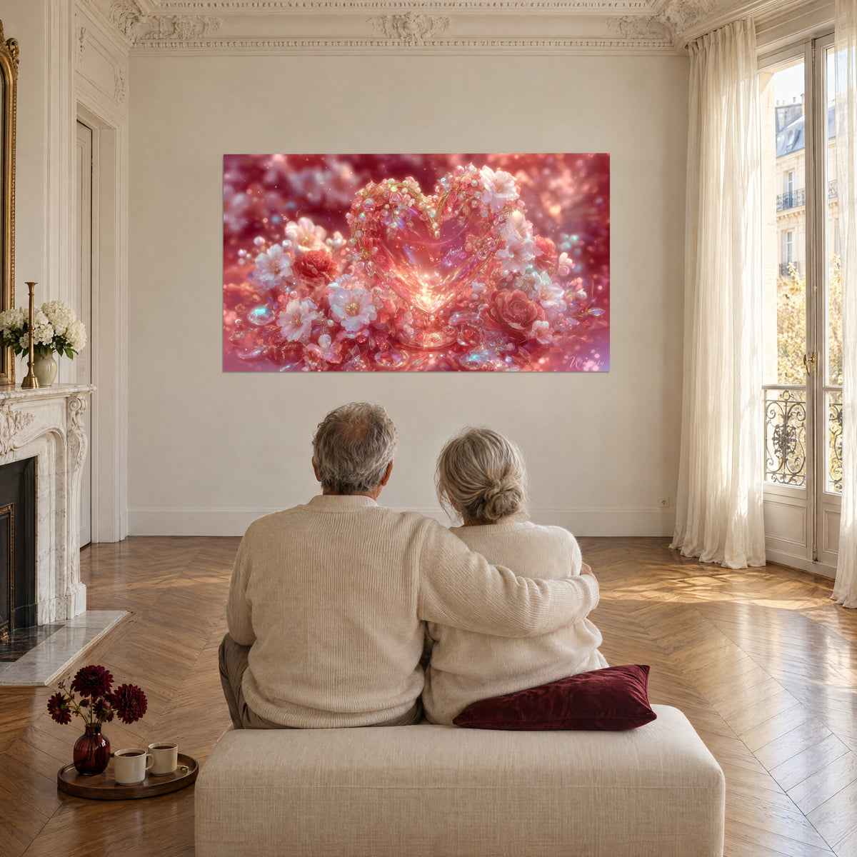 Cuadro corazón rosado brillante bordeado de rosas rojas y flores blancas, pared clara, pareja mayor abrazada por detrás en un puf
