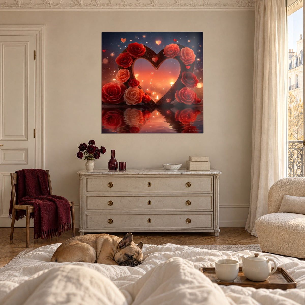 Cuadro corazón de pasión enmarcado por peonías rojas y albaricoque, reflejos rosados en el agua, bulldog tumbado sobre una cama en un dormitorio luminoso