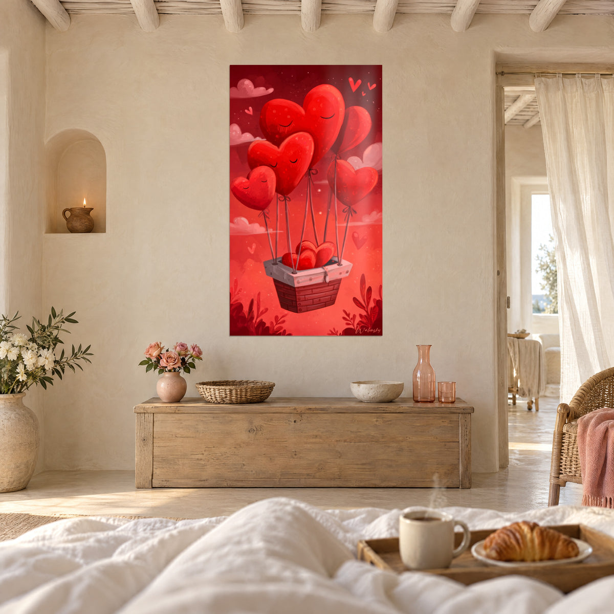 Cuadro aeronave de corazones bermellón con pestañas dibujadas, follaje oscuro abajo, nubes rosas, encima de una cama en un dormitorio luminoso