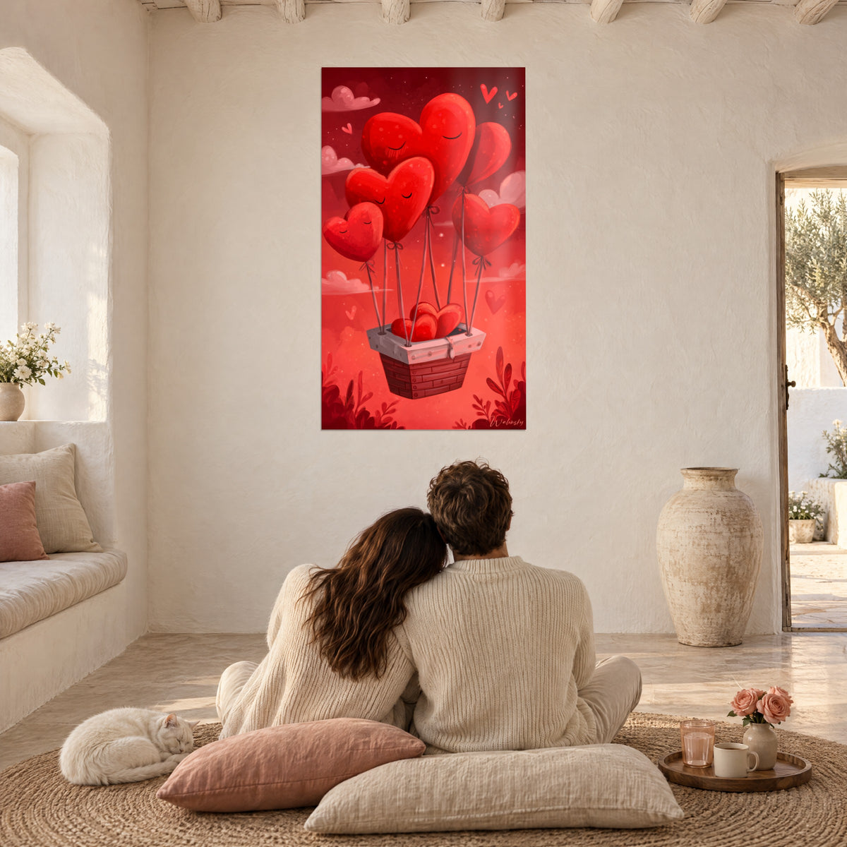 Cuadro corazones rojos soñadores flotando en un cielo rosa y carmesí, cesta de madera, pared blanca, pareja de espaldas y gato