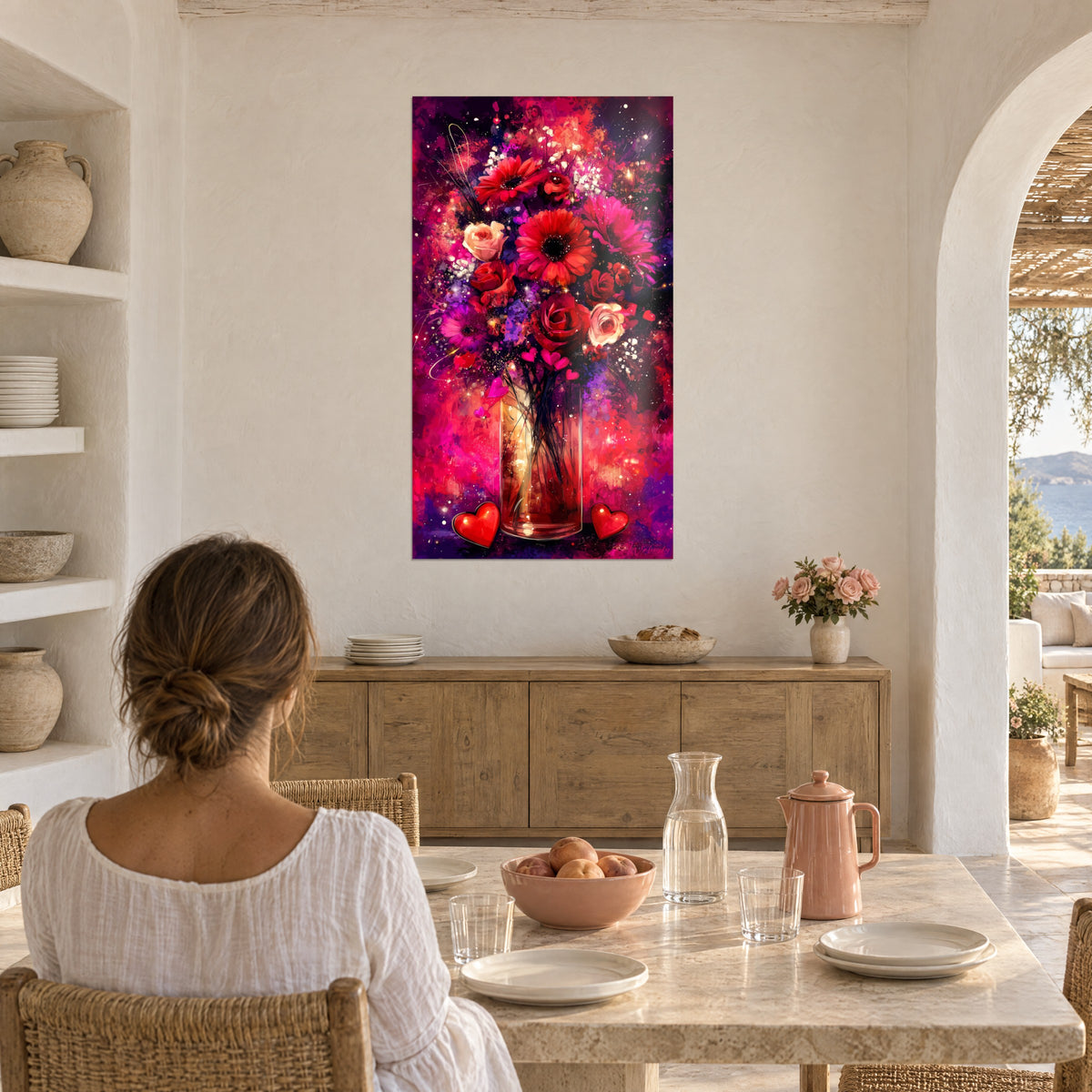 Wall art purple and pink floral arrangement with golden sparkles, wall hanging in a dining room, woman seated at the table seen from behind