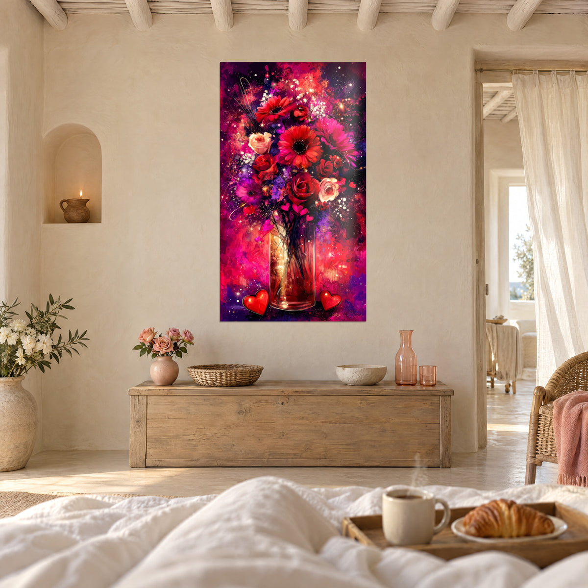 Wall art scarlet gerbera and ivory roses on a sparkling magenta background, hung above a bed in a bright bedroom