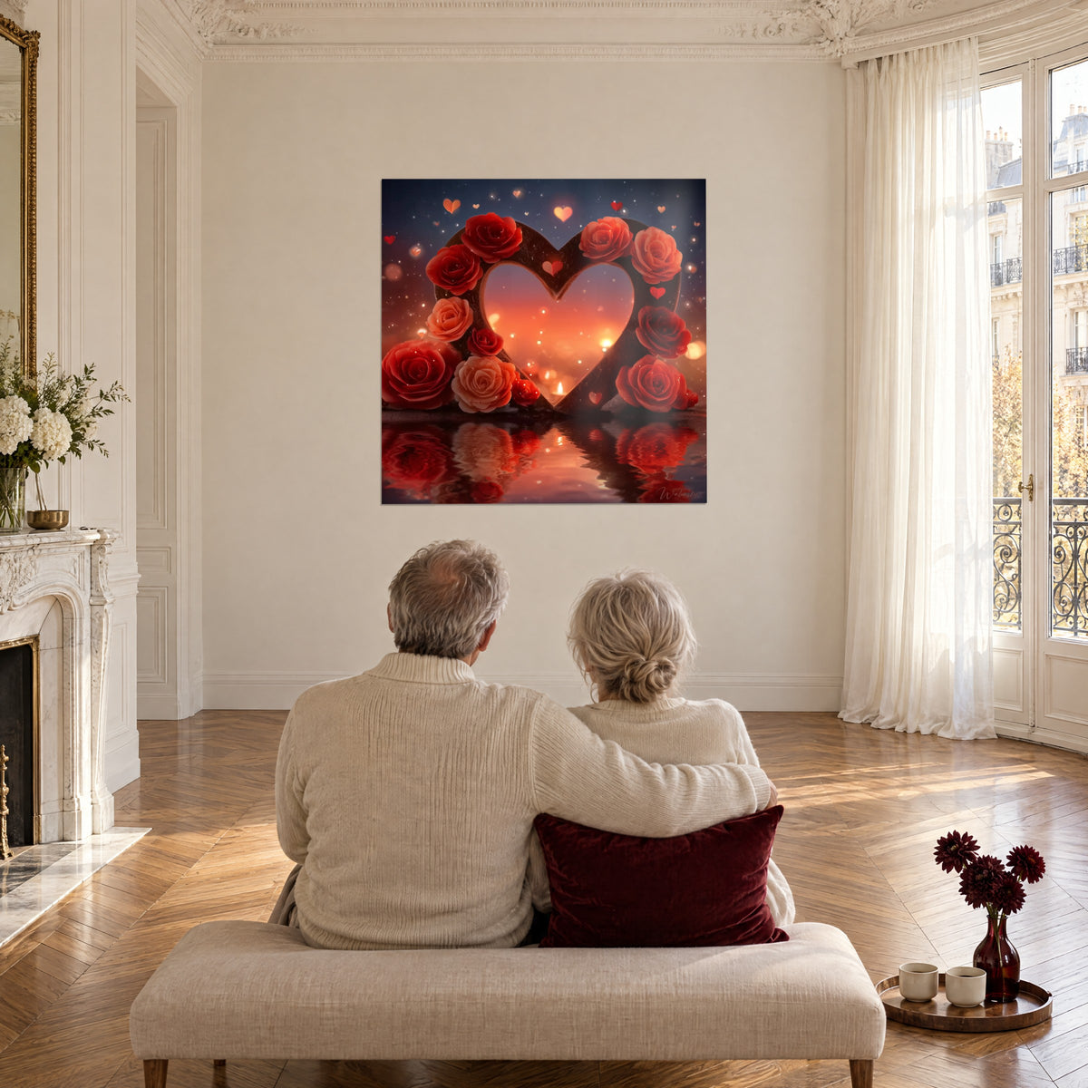 Cuadro flores rojo carmín y naranja pálido que forman un corazón flameante sobre el agua, pareja de espaldas en un banco en un salón Haussmann