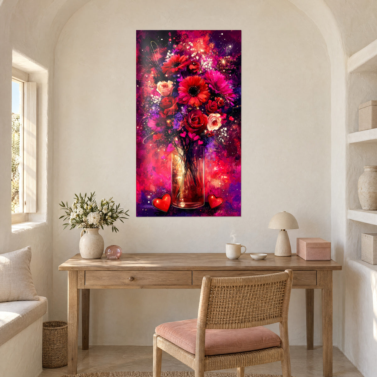 Wall art carmine roses and fuchsia daisies in a illuminated vase, arched white wall, light wood desk and wicker chair