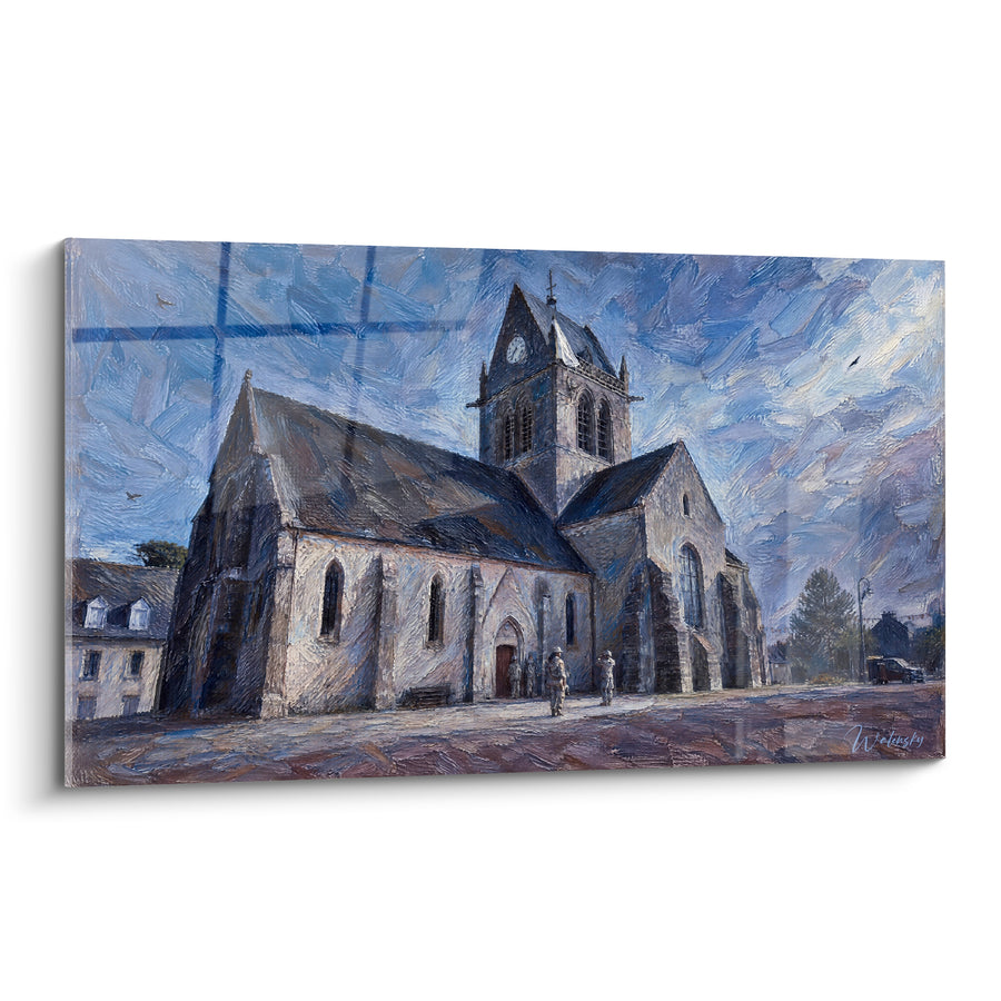 Painting Church gray blue with parachutist hanging - Eve before dawn - Sainte-Mère-Église Edition Normandy France