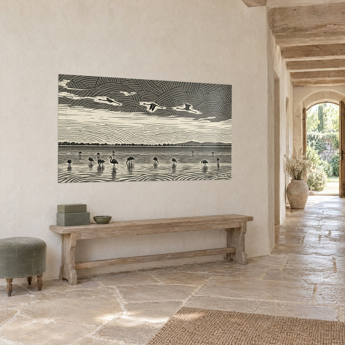 Wall art of three birds in flight against a sky of grey and cream swirls, seen at an angle in a light stone corridor