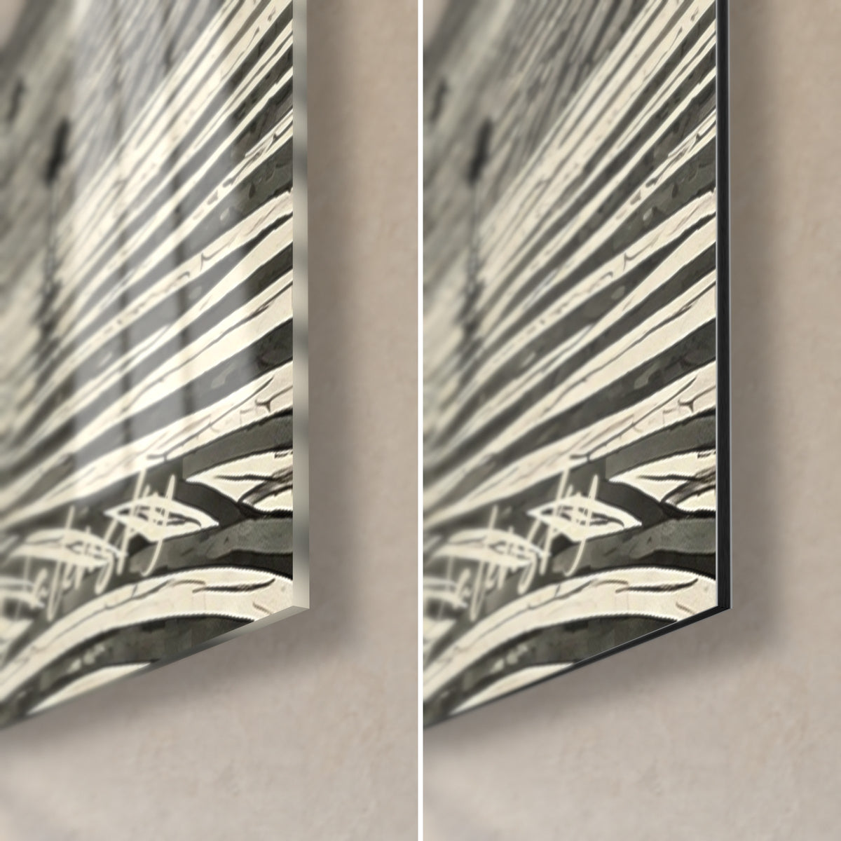Wall art of wading birds on a lagoon, bottom right corner: glossy acrylic glass with reflections, matte black Dibond aluminium, 3 mm edge