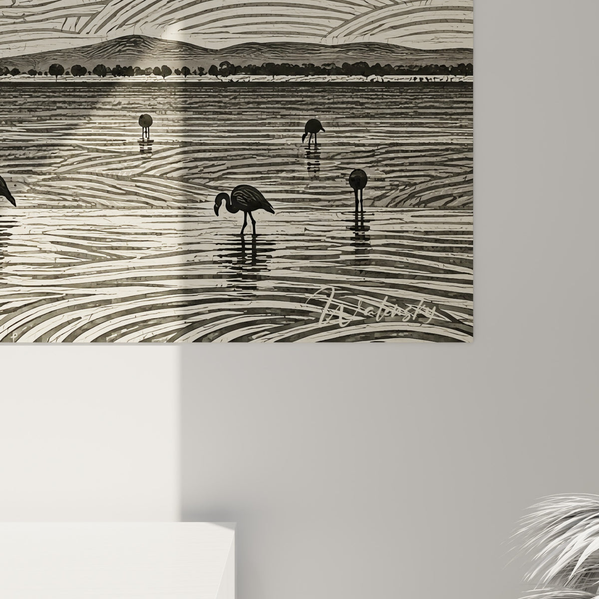 Détail des lignes gravées anthracite et ivoire révélant la texture fine du tableau flamants