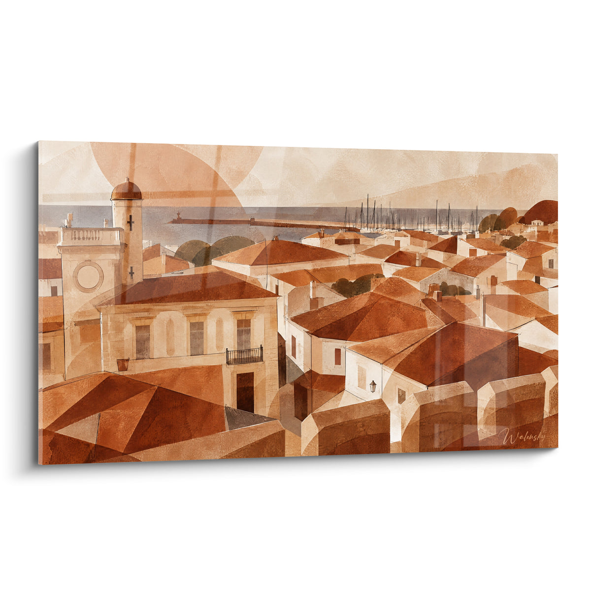 Quadro della chiesa fortificata delle Saintes-Maries-de-la-Mer, tetti terracotta e beige, cielo ocra diffuso