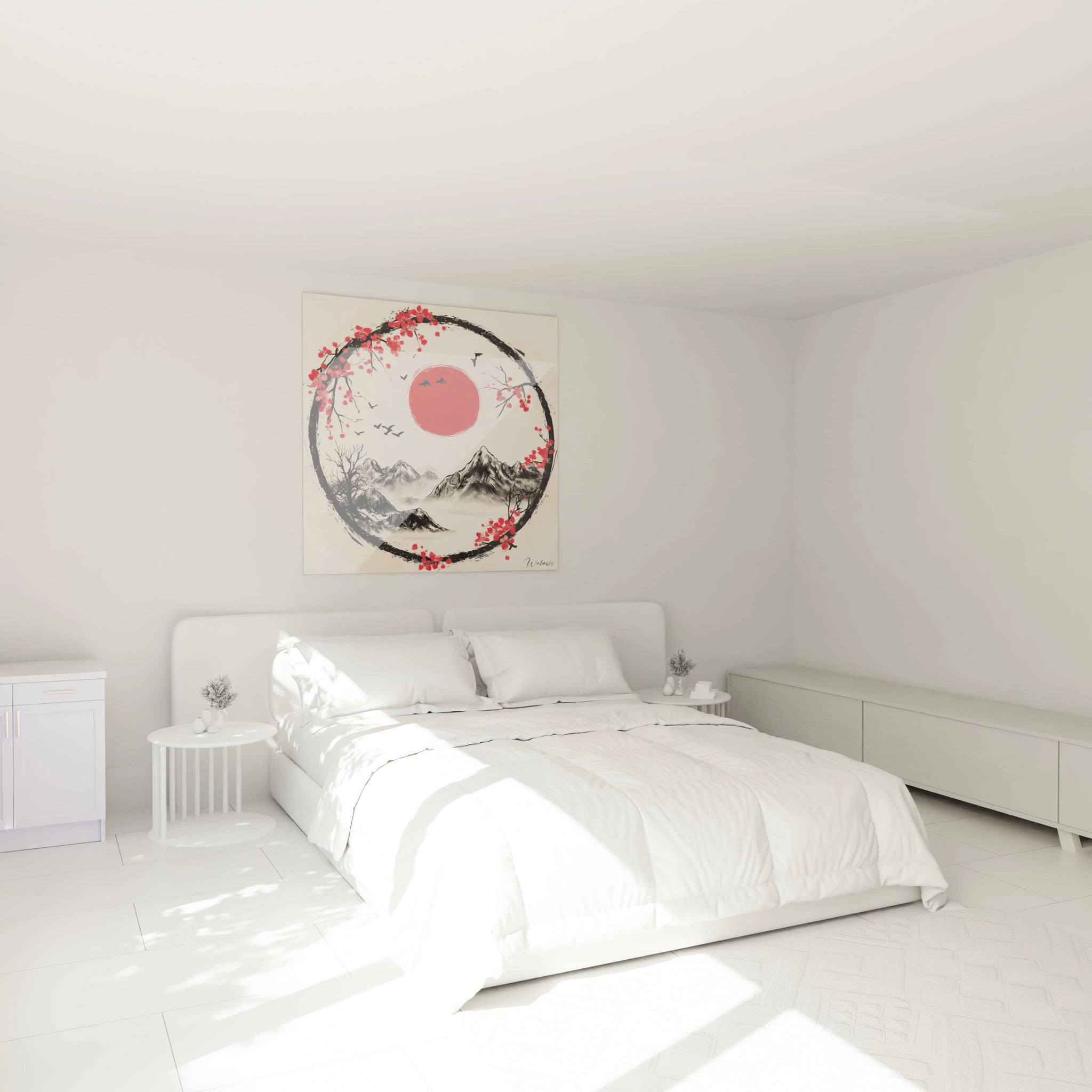Tableau zen mural Walensky avec motif cercle et fleurs rouges suspendu dans une chambre blanche minimaliste