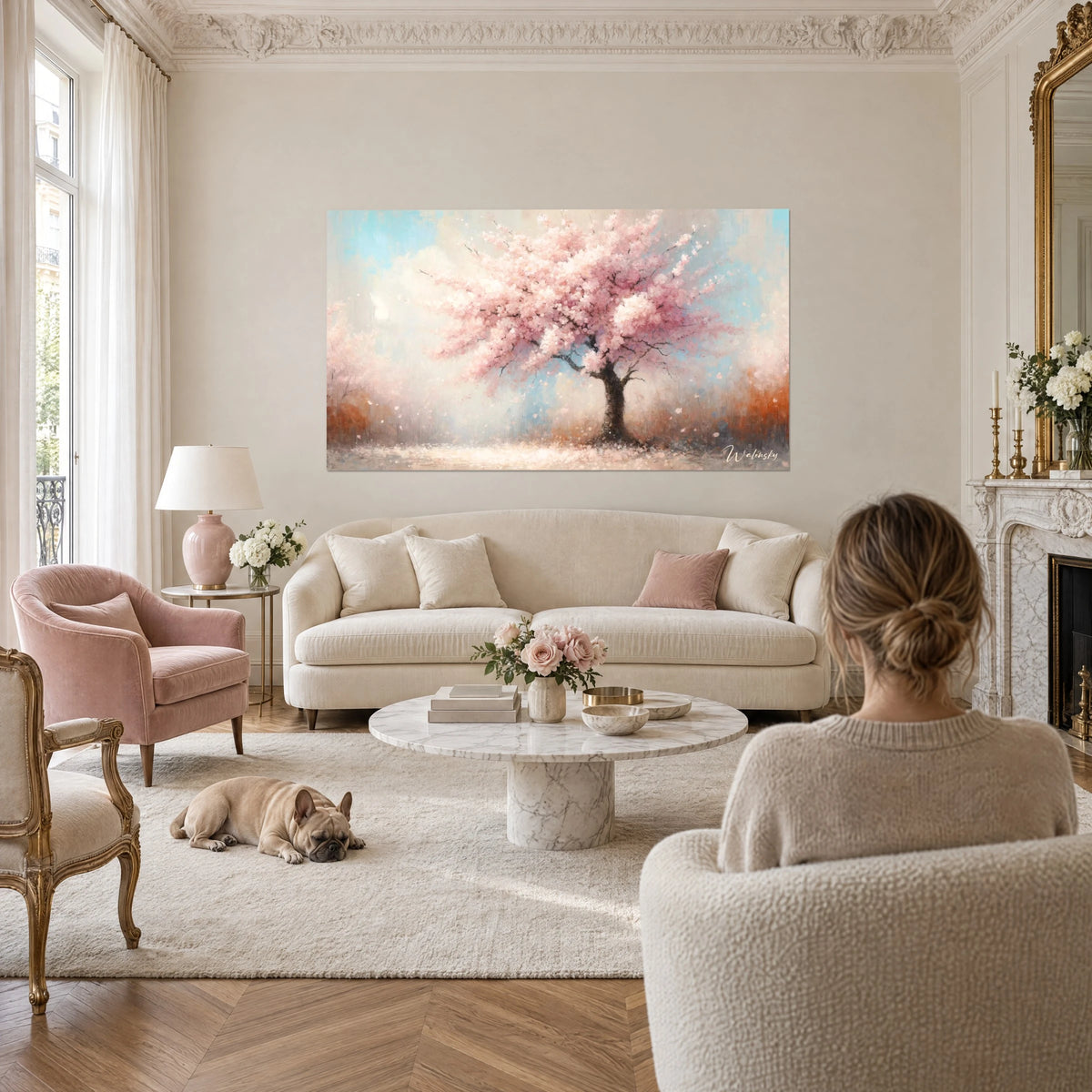 Schilderij bloeiende Japanse kersenboom, roze bloemblaadjes tegen een lichtblauwe lucht, vrouw van achteren, boven een bank in een lichte woonkamer