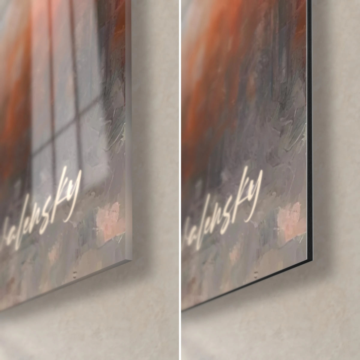 Schilderij bloeiende boom in roze en hemelsblauw, rechtsonder in de hoek, glanzend glas links, mat Dibond rechts, rand van 3 mm