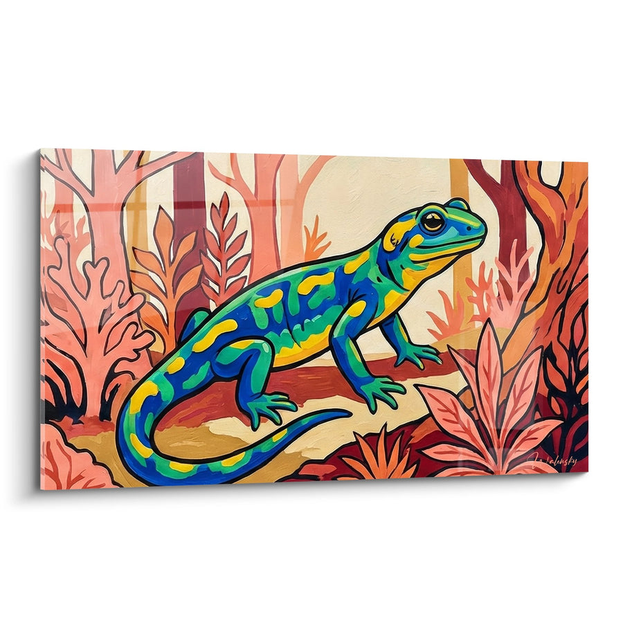Tableau salamandre colorée bleu vert jaune sur fond végétal automnal - Éclat tropical - Edition Salamandre