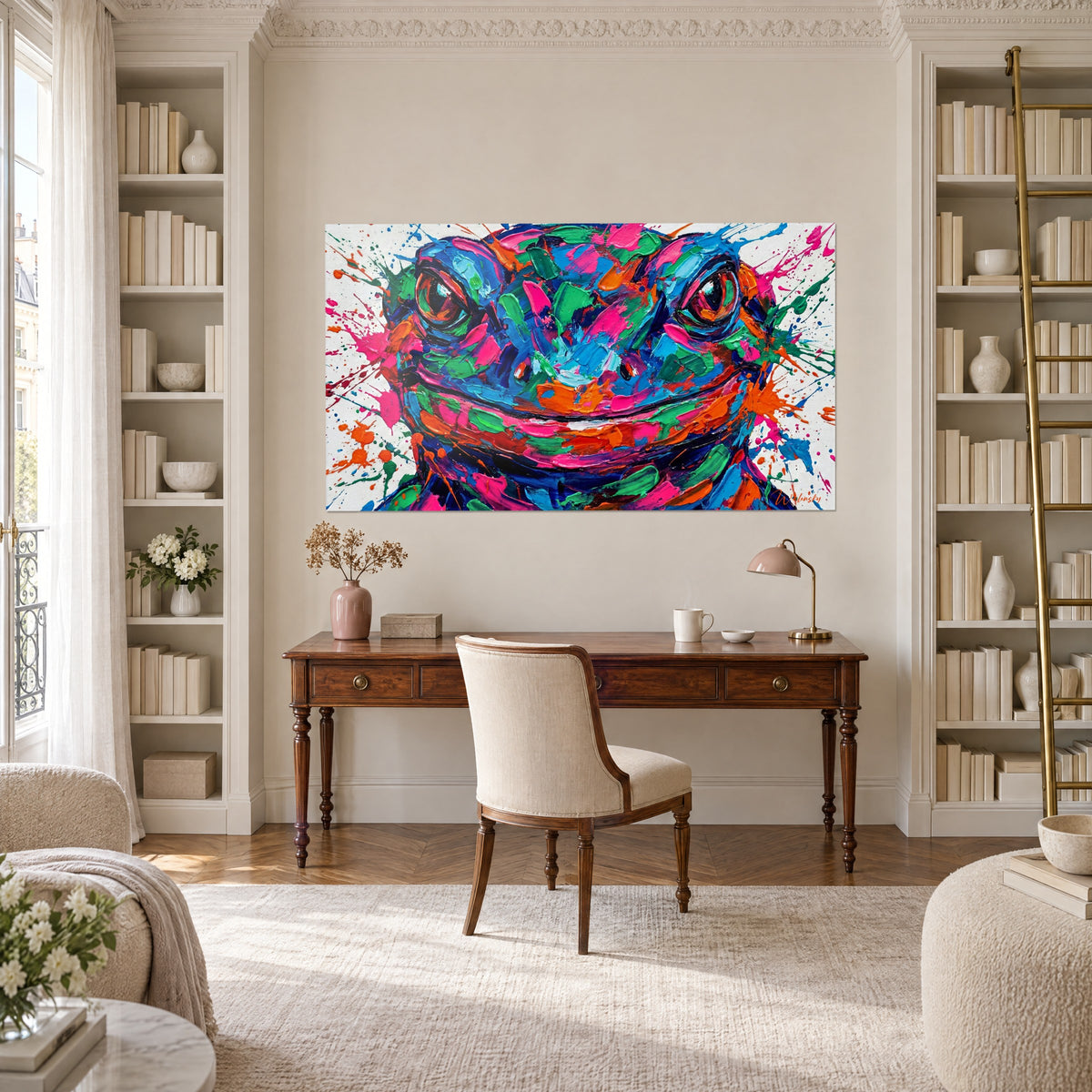 Gemälde einer Pop-Art-Kröte mit rosa und grünen Tropfen und bernsteinrotem Blick, in einem Büro zwischen zwei weißen Bücherregalen
