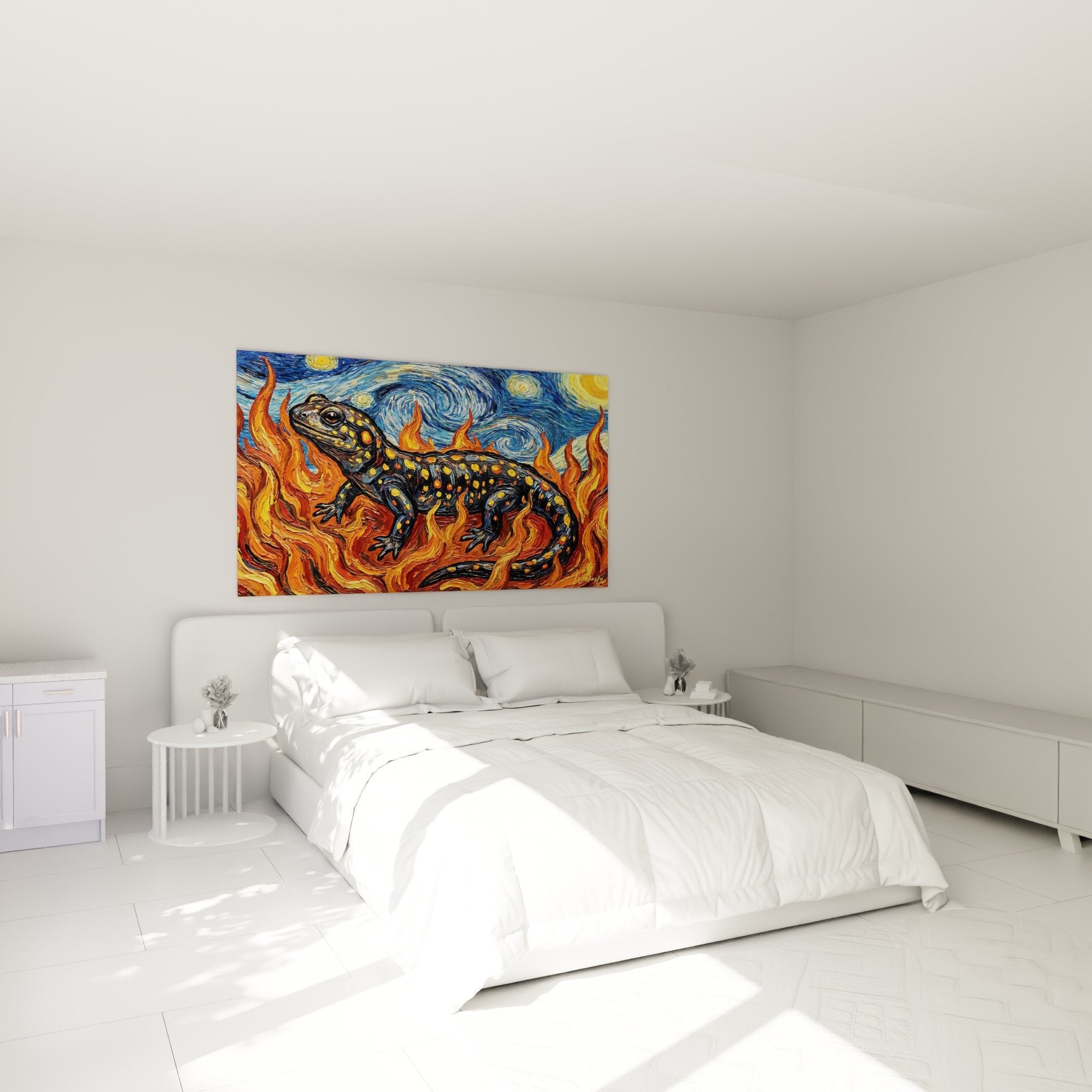 Tableau salamandre flammes orange dans chambre mur blanc decoration murale art impressionniste edition salamandre