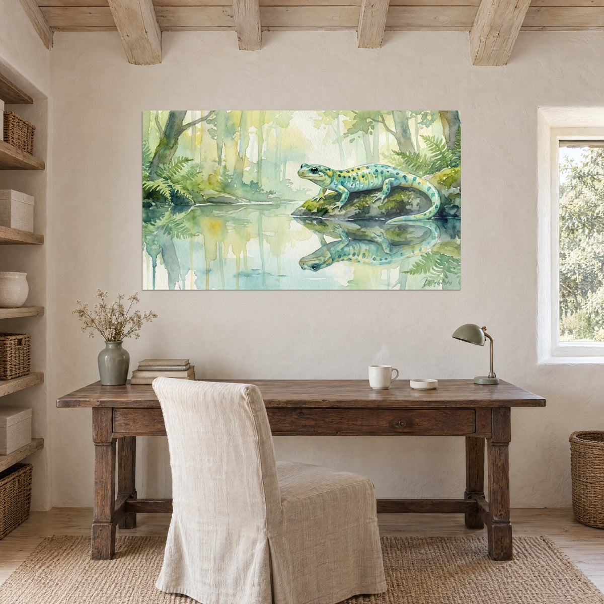 Wall art sea-green newt with blue-speckled flanks, misty pale yellow forest, hung above a raw wooden desk and a reading lamp