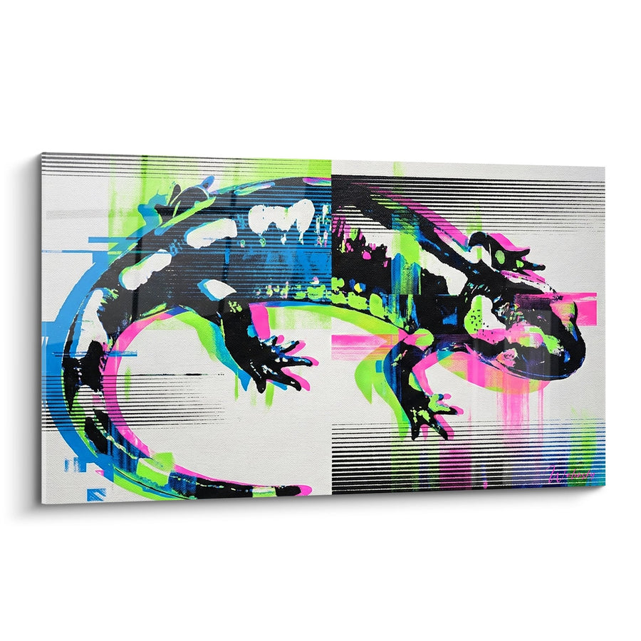 Tableau salamandre silhouette noire effets glitch colorés - Art Numérique Vibrant - Edition Salamandre