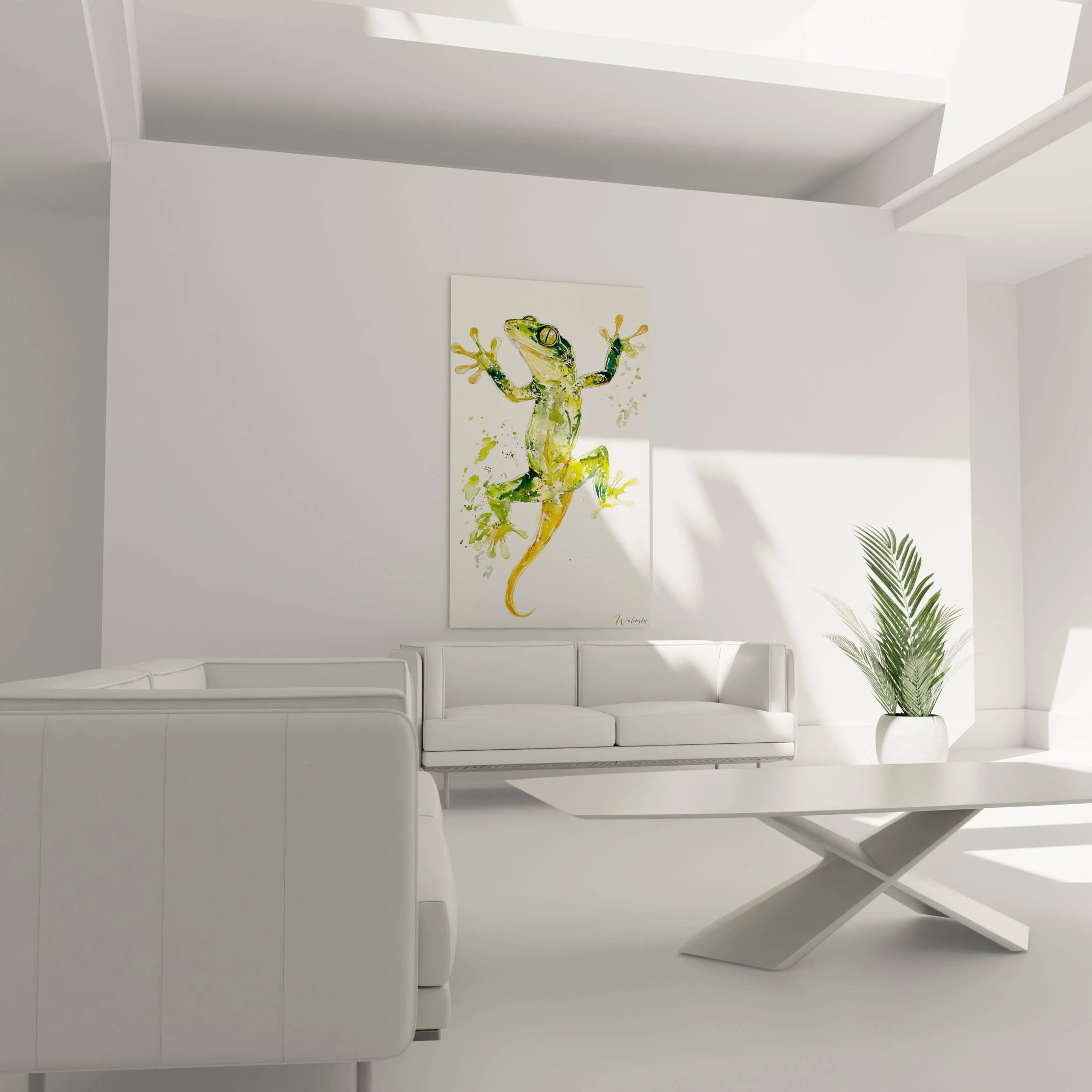 Un tableau salamandre au style aquarelle représentant un amphibien vert et doré vu de face. Les pattes aux doigts étoilés s'étendent dans quatre directions, entourées d'éclaboussures vertes délicates qui suggèrent un environnement humide naturel.
