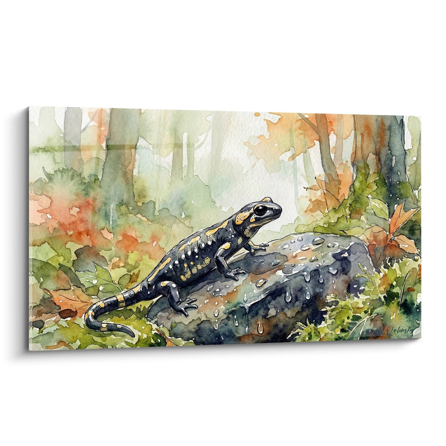 Tableau salamandre noire tachetée d'or sur rocher humide dans forêt automnale - Amphibien Mystérieux - Edition Salamandre