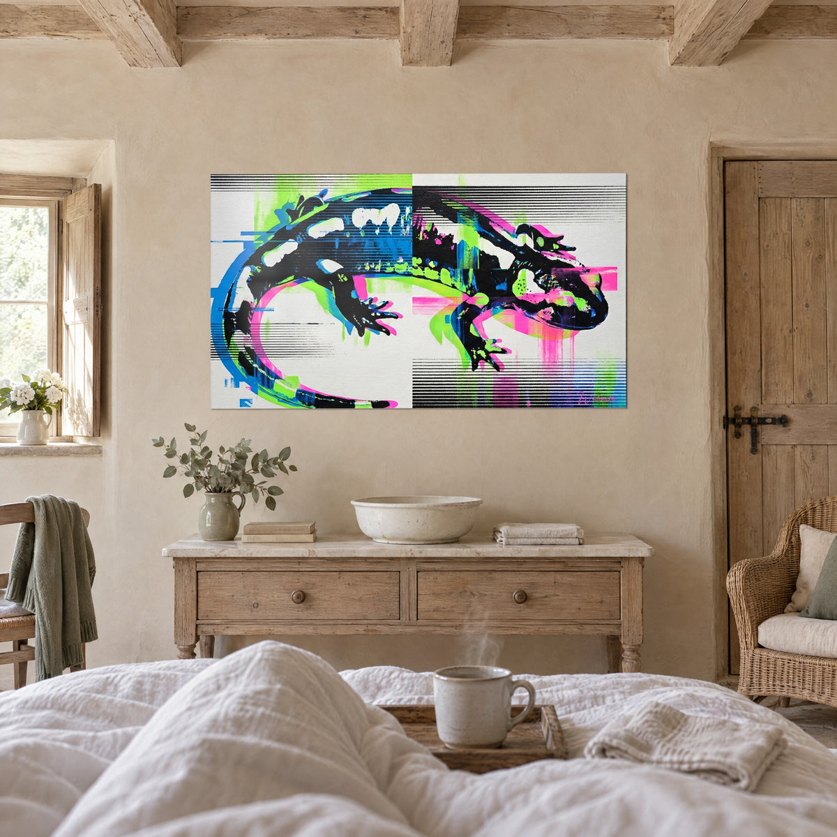 Wall art giant black lizard streaked with scan lines, lime green and pink highlights, seen from a white bed, above a bed in a bright bedroom