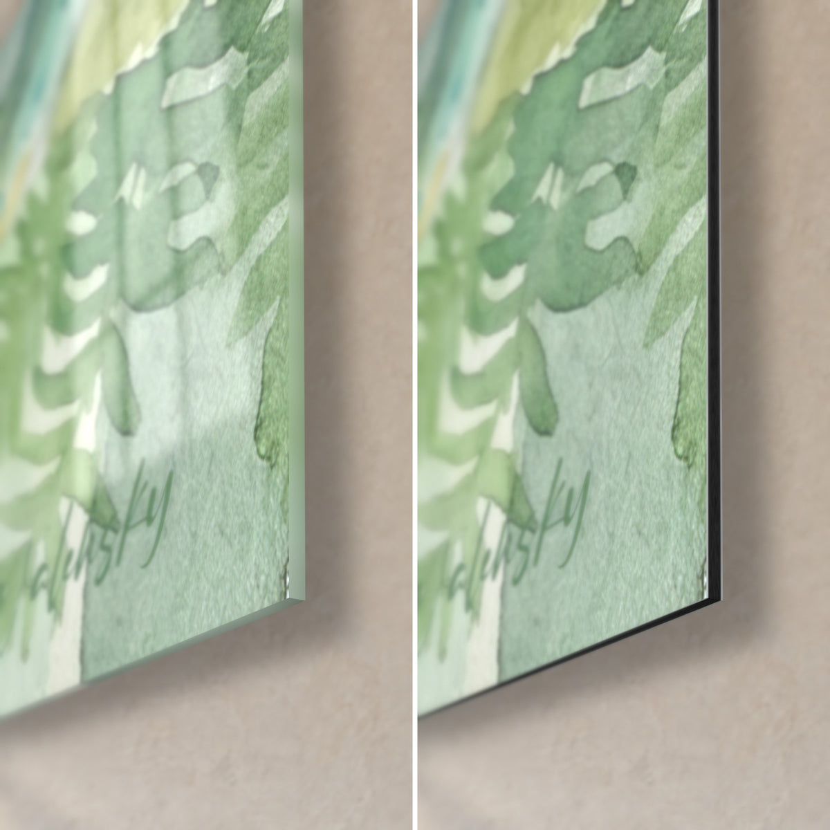 Wall art blue-green watercolour salamander, bottom right corner: glossy acrylic glass on the left, matte Dibond aluminium on the right, 3 mm black edge, pale green foliage