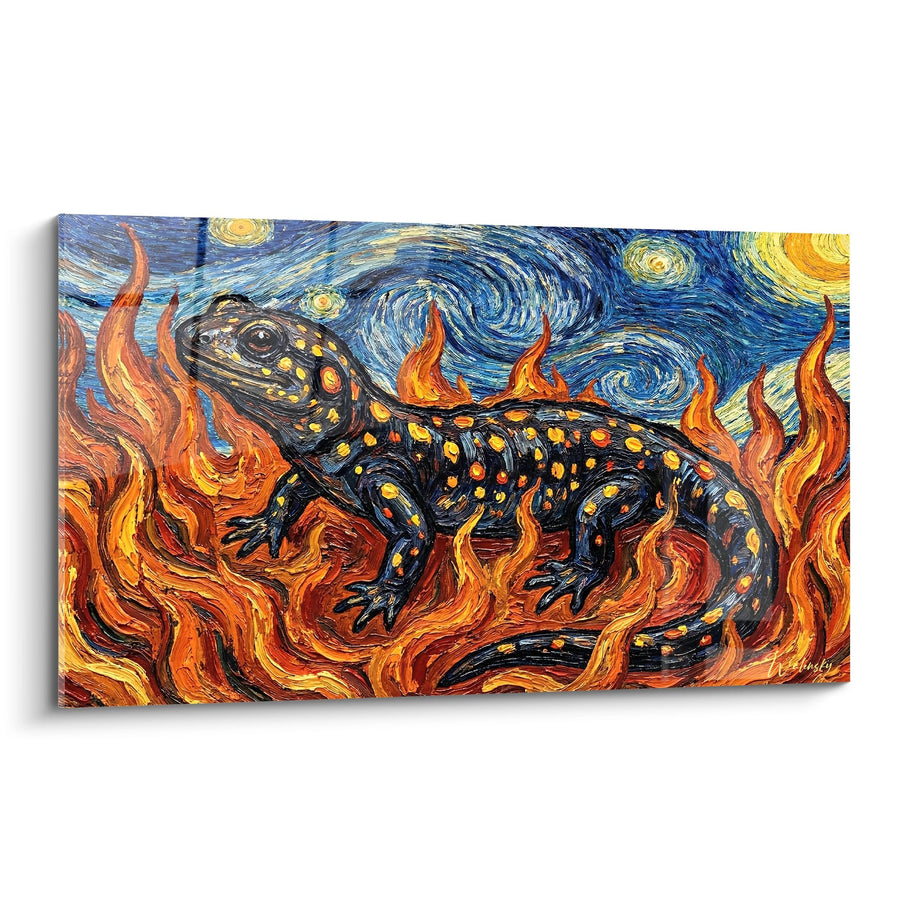 Tableau Salamandre Tachetée sur Flammes Orangées Style Van Gogh - Tourbillons de Feu - Edition Salamandre