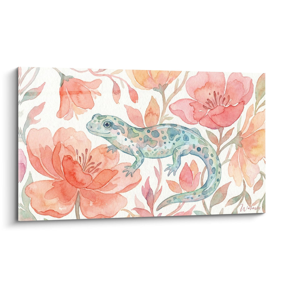 Tableau salamandre tachetée parmi fleurs roses corail aquarelle - Harmonie Florale - Edition Salamandre