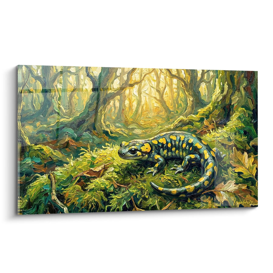 Tableau Salamandre tachetée jaune et noir dans forêt mystérieuse - Amphibien des Bois - Edition Salamandre